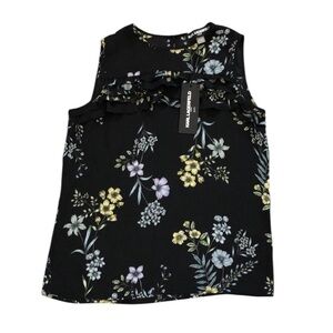 NWT Karl Lagerfeld Womens Sleeveless Blouse Sz XS Black Floral Lightweight Cute